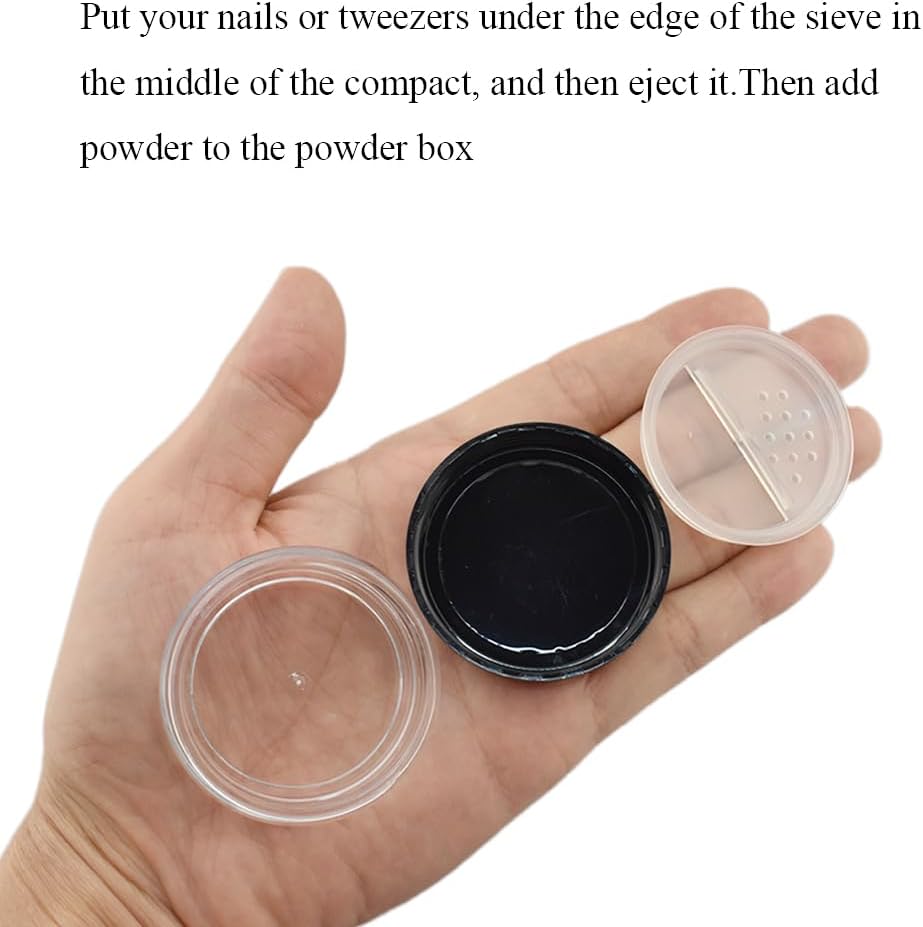 HAHIYO 2P 10ml/0.34oz Plastic Empty Travel Powder Container Small Loose Powders Compact Case Makeup Cosmetic Jar Refillable Powders Box No Leak Powder Holder with Rotatable Sifter and Black Screw Lid