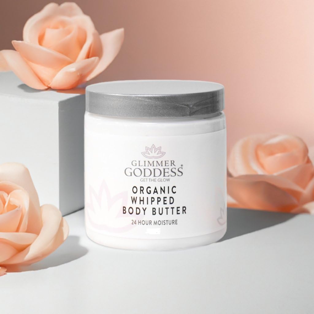 Glimmer Goddess Organic Whipped Body Butter for Women - Moisturizer Cream with Shea & Cocoa Butter, Almonds & Coconut Oil - Christmas Cookie, 8oz