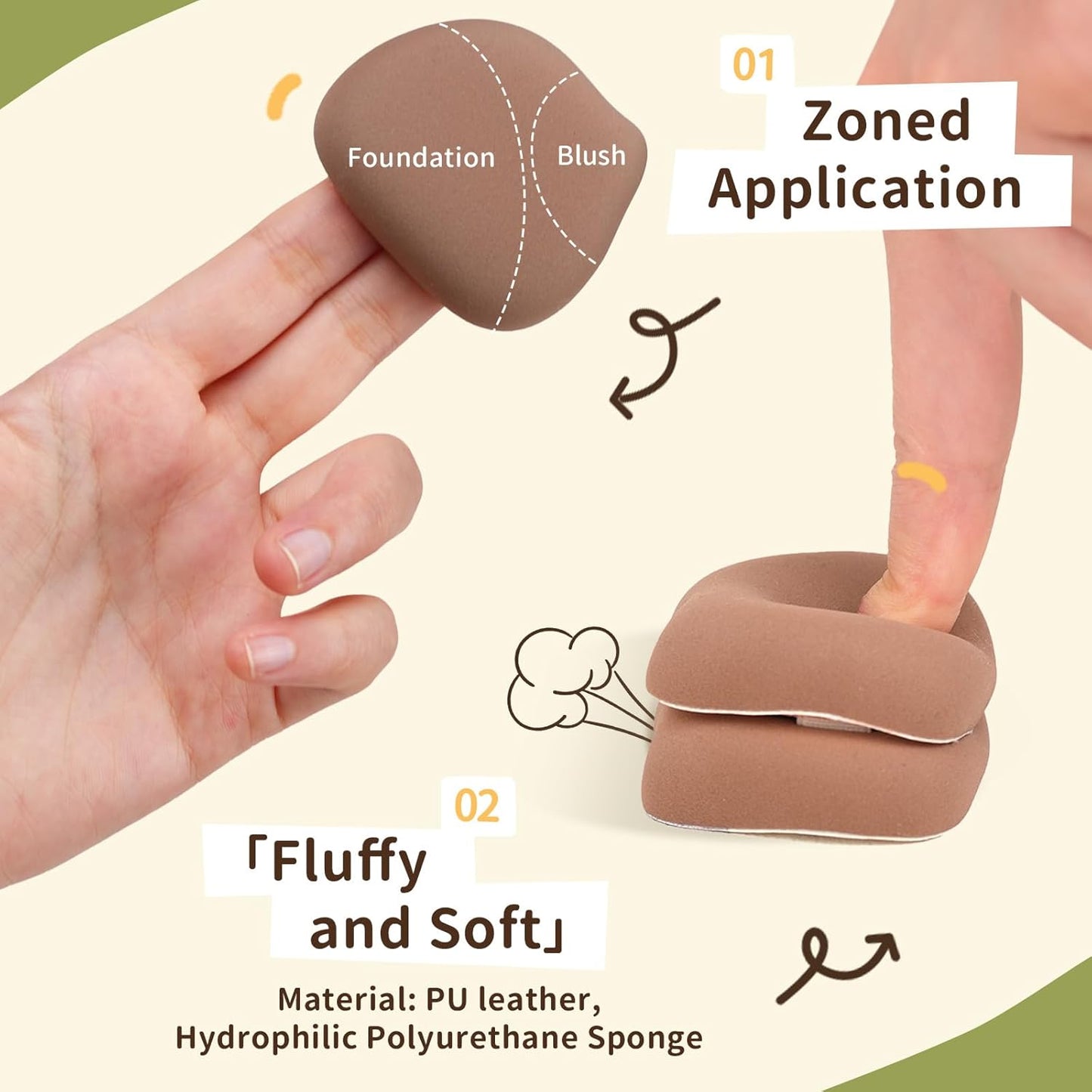 Tricolor Cat Puffs, Makeup Sponges Set, Dry&Wet Dual-Use Foundation Sponge, Expands 1.3x When Wet for Cream Foundation/Liquid Blush/Highlighter,2pcs Puffs & Storage Case