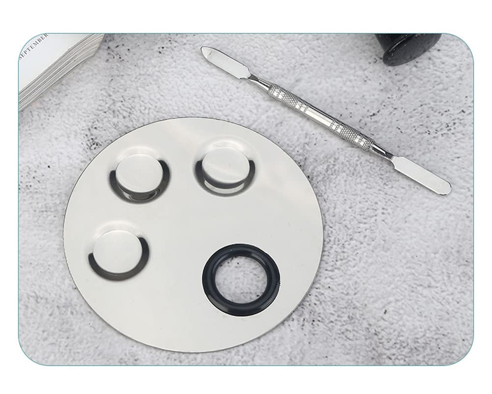 1 Set Round Stainless Steel 3-Well Cosmetic Makeup Palette with Spatula Cosmetic Artist Palette Mixing Palette with Spatula Nail Art Eye Shadow Lipsticks Mixing Makeup Tools, Silver