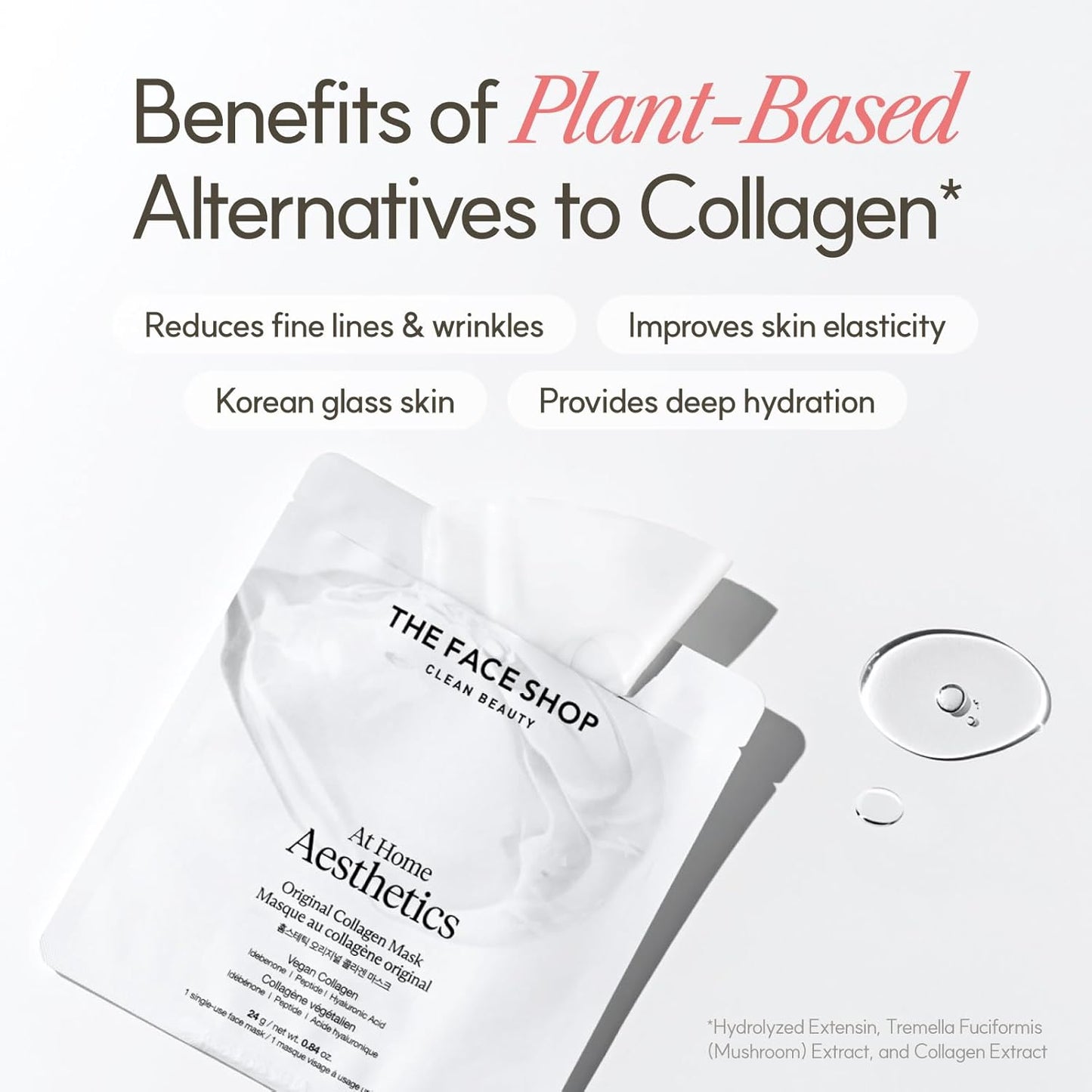 THE FACE SHOP Original Vegan Collagen Face Mask, Korean Glass Skin Essential, Peptide Hydrogel Mask for Firming & Skin Elasticity, Moisturizing, 4EA