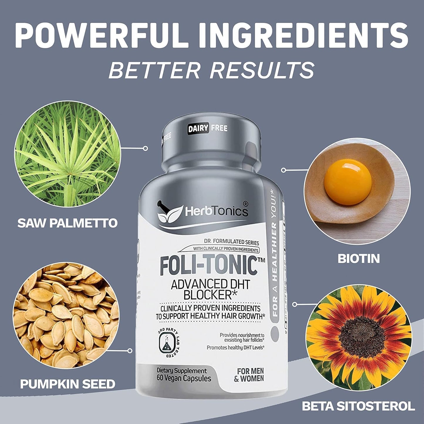 Hair Growth Vitamins for Women & Men | DHT Blocker with Saw Palmetto & 10000mcg Biotin, Foli Tonic Hair Growth Supplement – Supports Fuller, Thicker Hair Appearance, Non-GMO, 60 Vegan Capsules