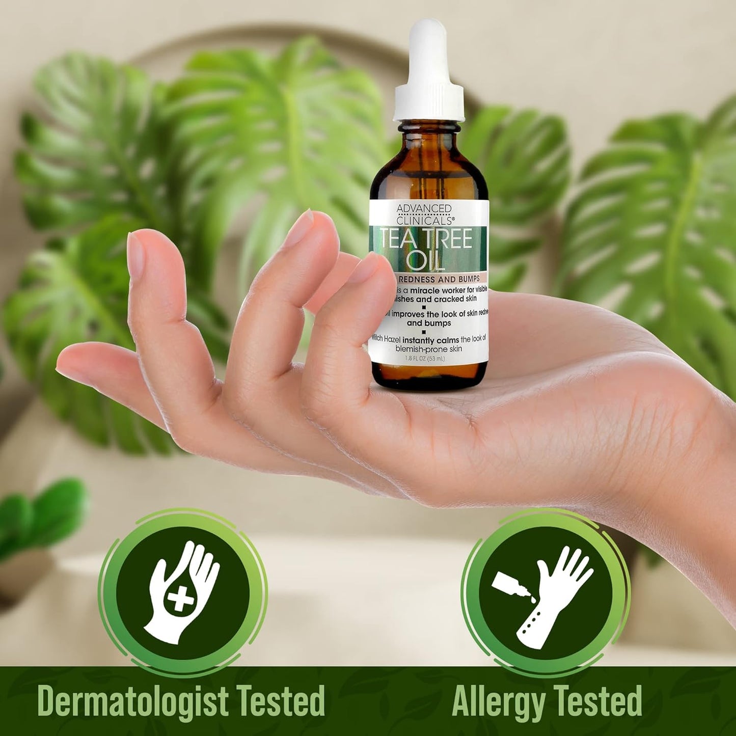 Advanced Clinicals Tea Tree Oil For Skin | Acne Patch Vegan Facial Serum | Targets Redness, Bumps, Acne Scars | Vegan 100% Organic Pure Tea Tree Oil For Face W/Vitamin E & Witch Hazel, 1.8 Fl Oz