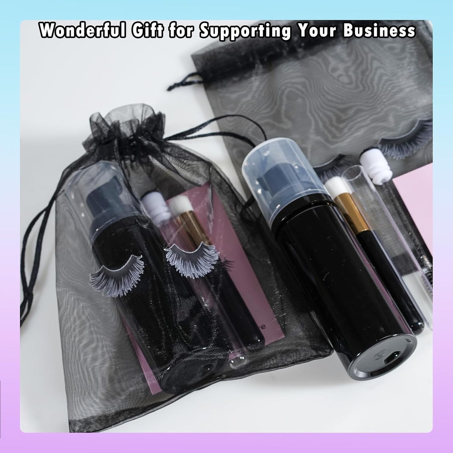 50PCS Lash Shampoo Bottles Brushes Set, Empty Lash Shampoo Bottle, Lash Cleaning Brush, Eyelash Extension Tube Brush, Instructions Cards, Aftercare Bags for Lash Business Clients (50pcs in black)
