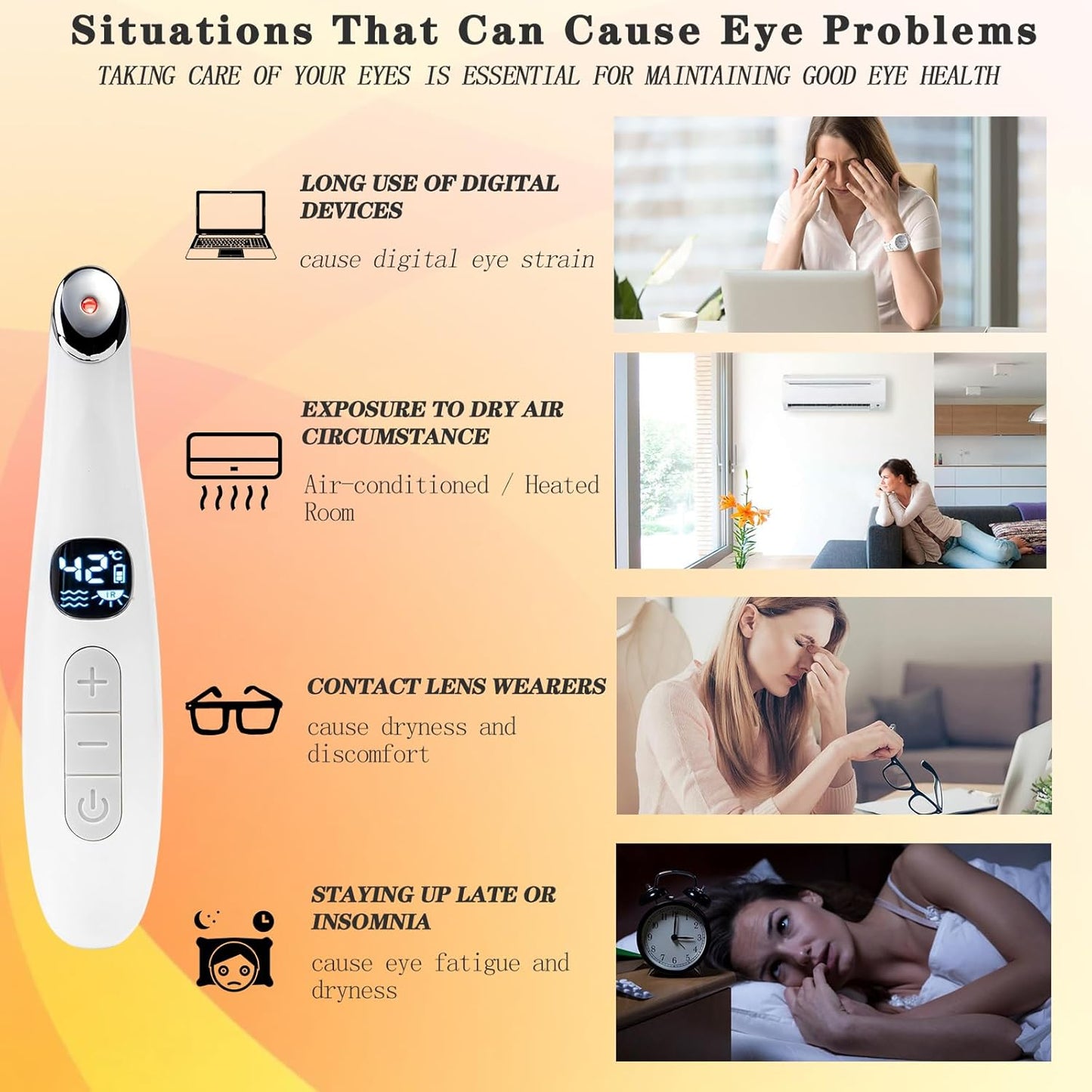 3 in 1 Eye Lift Wand, Vibrating 98°F to 113°F LCD Display Screen Massager for Dry Eyes, Dark Circles, Puffiness, Fine Lines and Wrinkles, Cream White