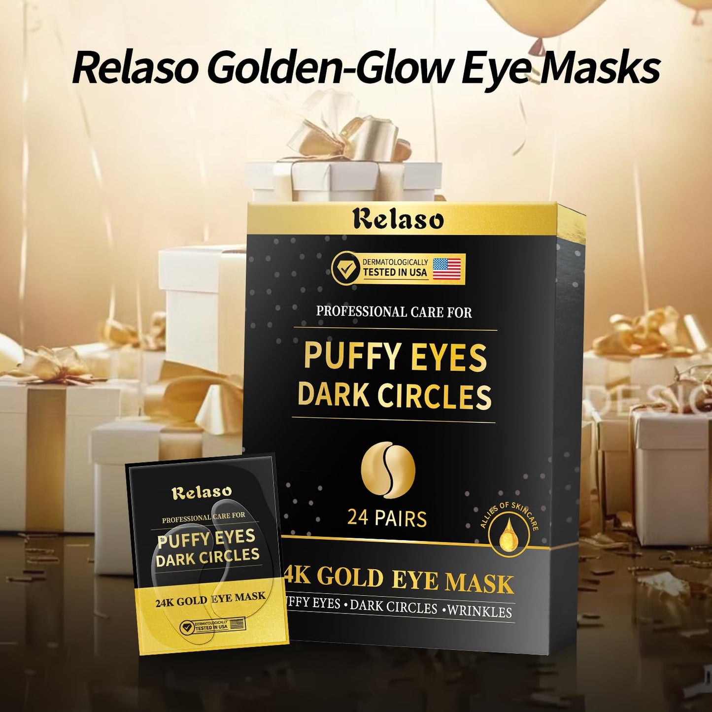 Under Eye Patches, Dermatology Golden Eye Mask with Amino Acid & Collagen, Cooling Eye Care for Wrinkles, Puffy Eyes & Dark Circles, Skincare Treatment for Men & Women, USA Tested, 20 Pairs