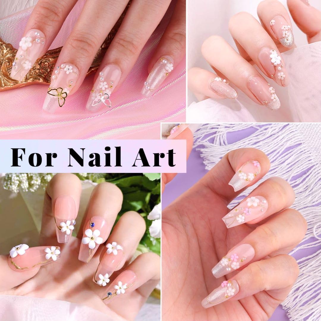 3D Nail Flowers Charms,White Pink Acrylic Flower with Caviar Beads,Rhinestones for Nails 3D Nail Charms for Acrylic Nails for Manicure Salon DIY Nail Art Decor with Pickup & Dotting Tools