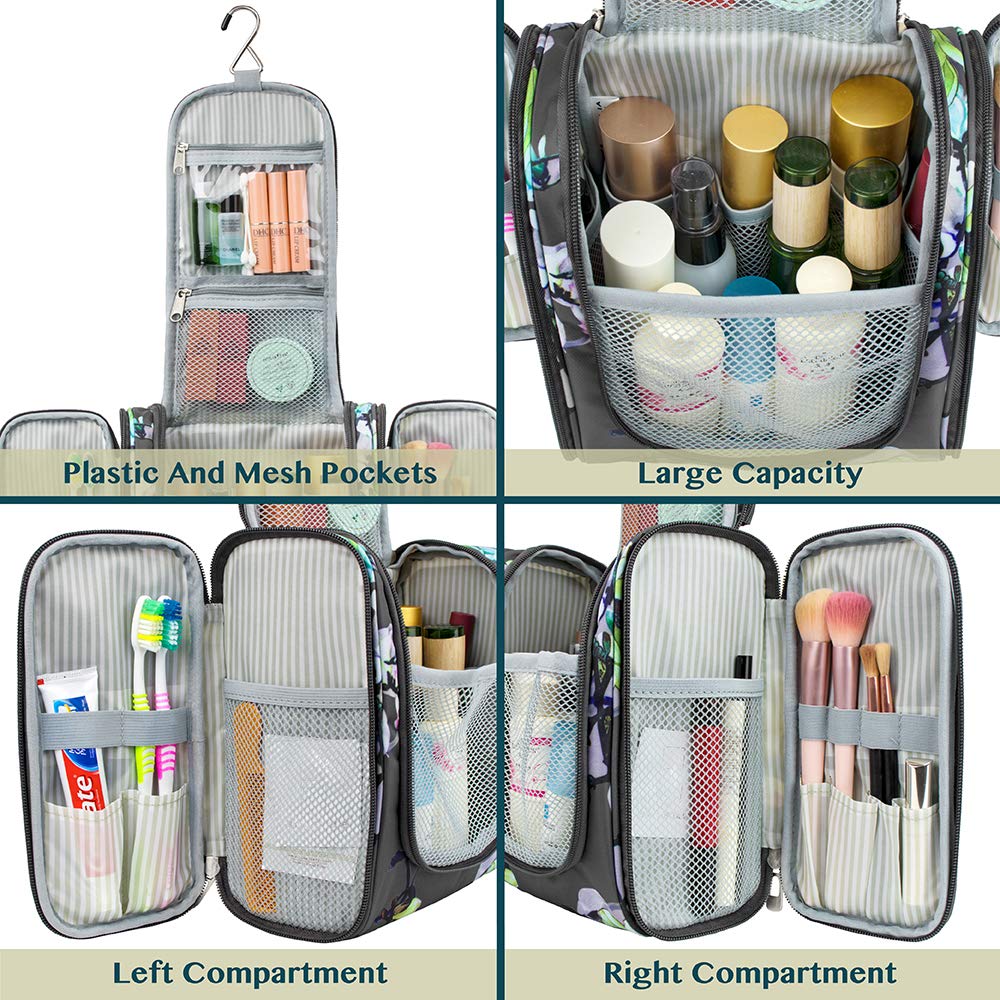 PAVILIA Toiletry Bag Travel Bag for Women Men, Hanging Cosmetic Organizer, Water Resistant Makeup Bag for Accessories Toiletries, Large Travel Essentials Kit (Floral Grey)