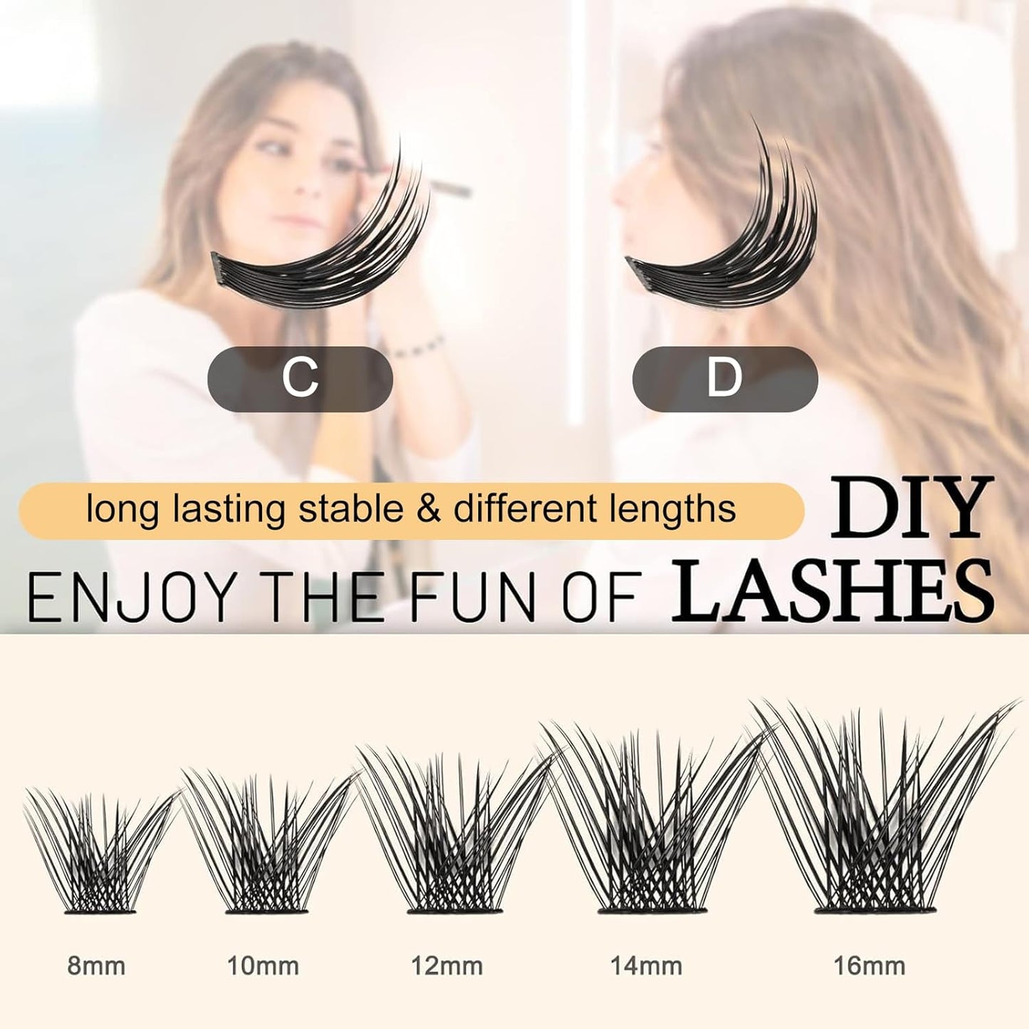 QUEWEL Cluster Lashes 72 Pcs Wide Stem Individual Lashes C/D Curl 8-16mm Length DIY Eyelash Extension False Eyelashes Soft for Personal Makeup Use at Home (H03-C-MIX8-16)