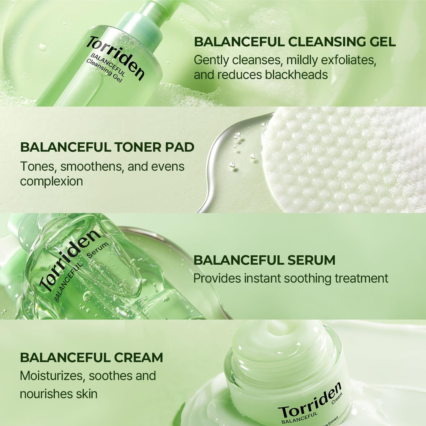 Torriden BALANCEFUL Cica Trial Kit, Gotu Kola Infused Daily Skincare Kit - 4 Step Regimen with Cleansing Gel, Toner Pad, Serum, and Cream | Vegan, Hypoallergenic Korean Skin Care