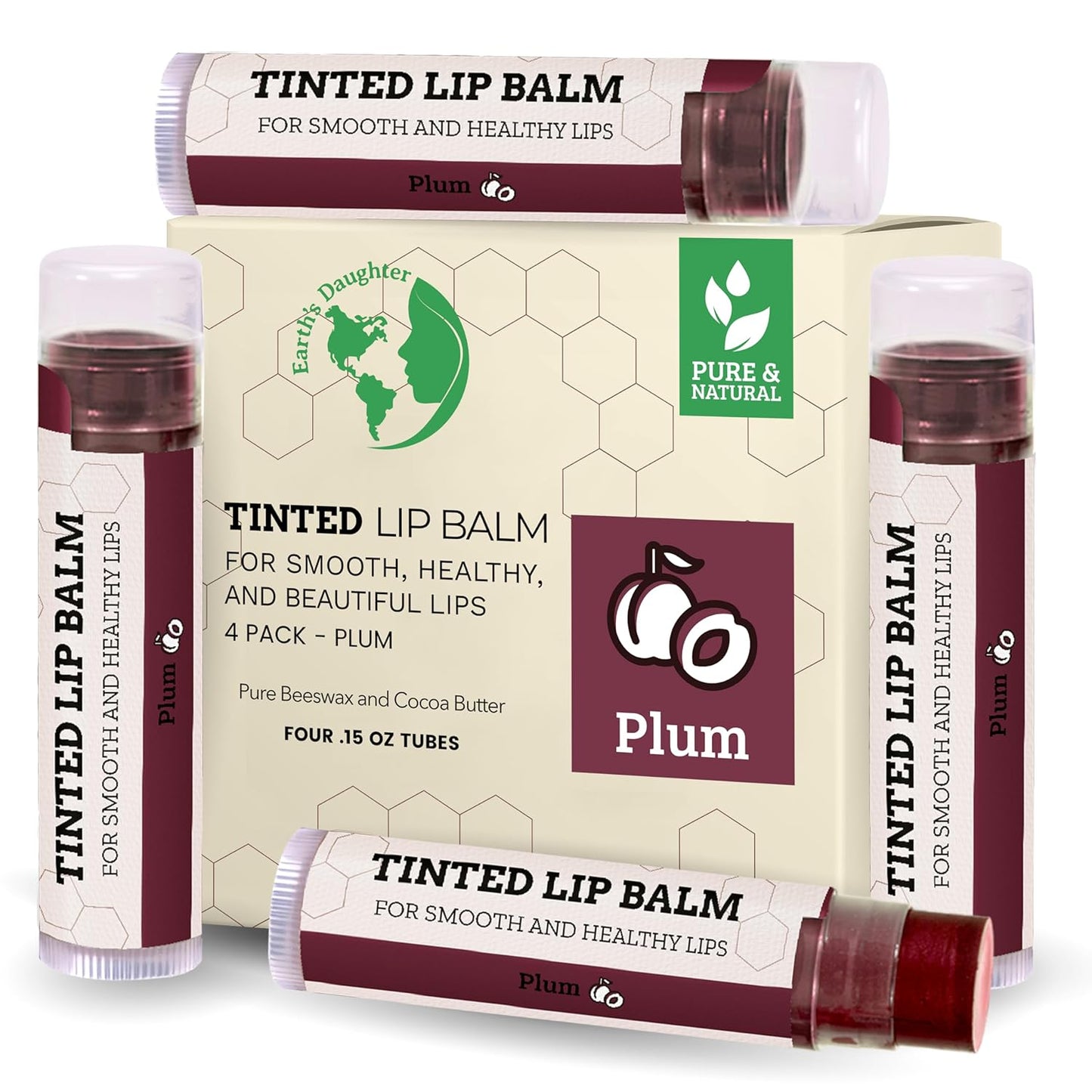 Earth's Daughter Tinted Lip Balm 4 Pack of Plum Color - Beeswax, Coconut Oil, Cocoa Butter, Vitamin E -Moisturize and Beautify, Paraben Free