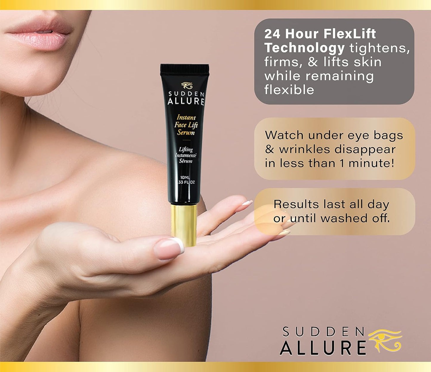 Sudden Allure Instant Face Lift Serum – Erase Under Eye Bags & Wrinkles in 60 Seconds - Firming Face & Eye Serum Cream - Instantly Tighten & Reduce Eye Bags & Crows Feet | Made in USA (10 ml, 2 Pack)