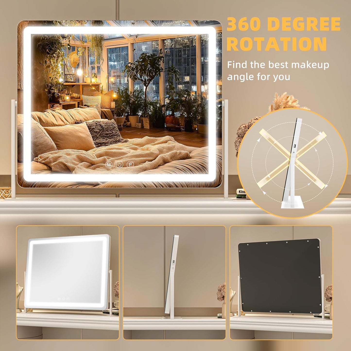Vanity Mirror with Lights, 29.5'' x 22'' Lighted Makeup Mirror, Touch Screen with 3-Color Lighting, Dimmable for Vanity Desk Tabletop Round White