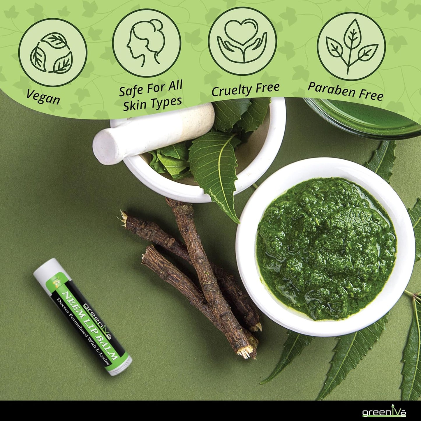 GreenIVe Neem Lip Balm, Vegan Lip Moisturizer with L-Lysine, Soothe and Soften (3)