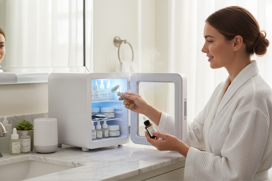 Woman in a robe enjoying skincare refrigerator benefits for fresh, cool beauty products and enhanced routines