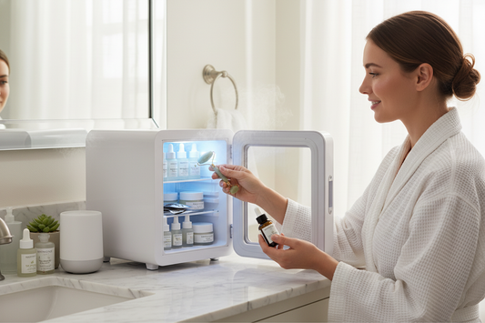 Woman in a robe enjoying skincare refrigerator benefits for fresh, cool beauty products and enhanced routines