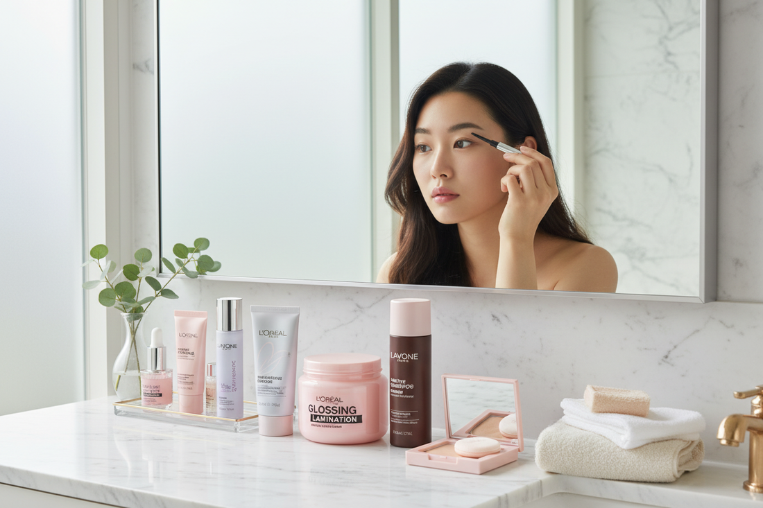 Woman applying makeup in a bright bathroom with skincare products neatly arranged on the counter