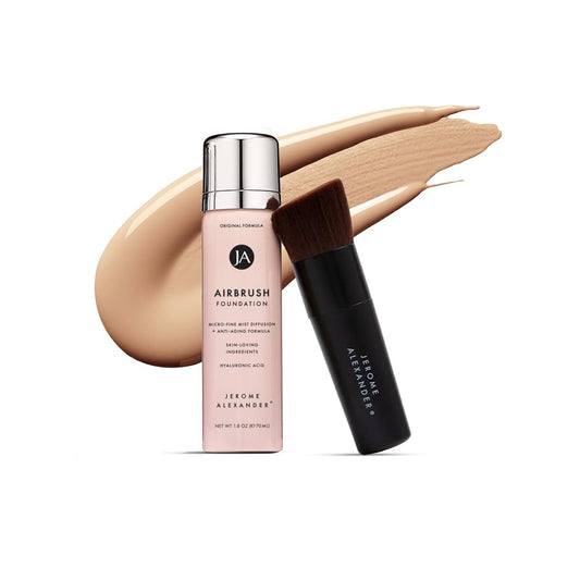 MagicMinerals AirBrush Foundation by Jerome Alexander – 2pc Set with Airbrush Foundation and Kabuki Brush - Spray Makeup with Anti-aging Ingredients for Smooth Radiant Skin - Cognac