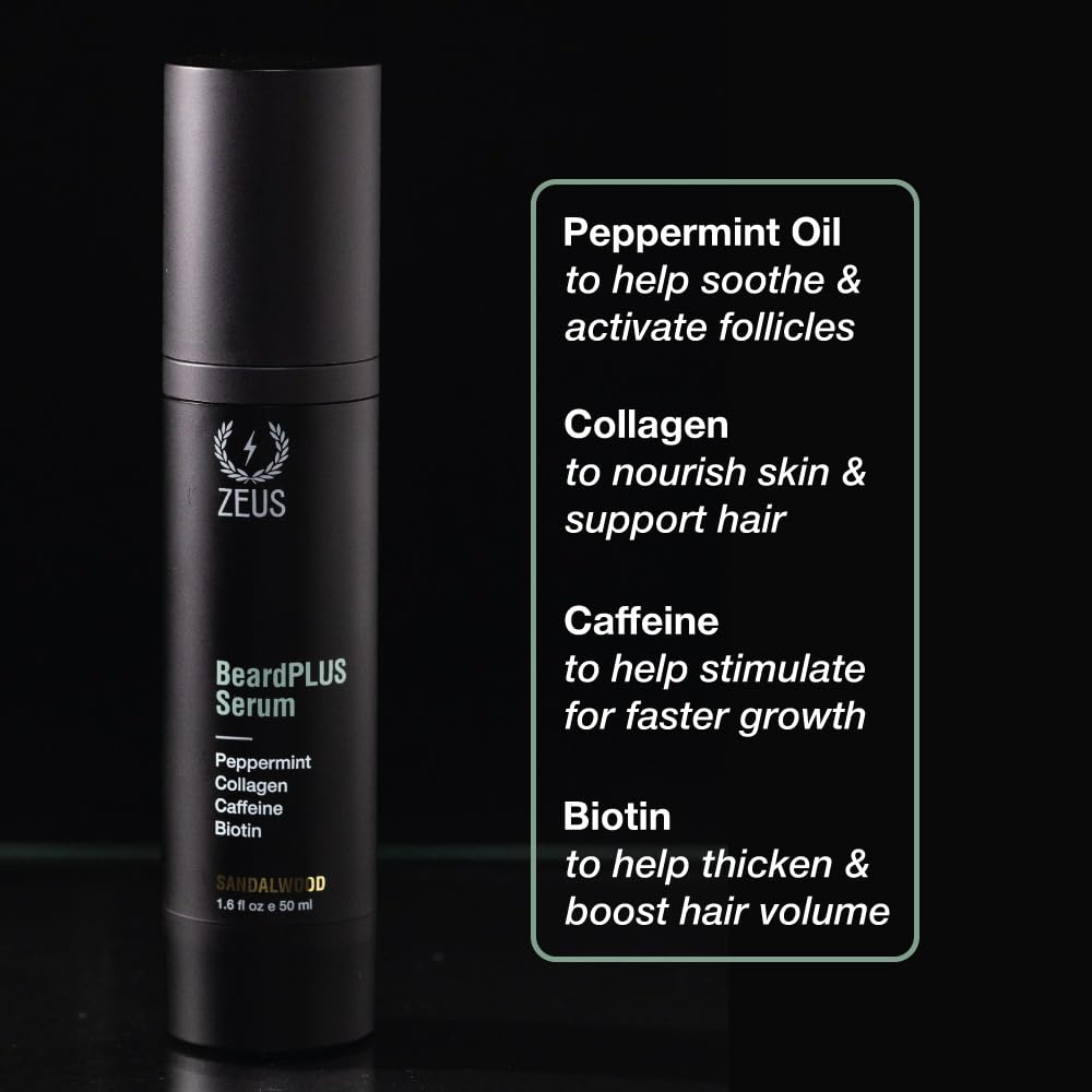 ZEUS BeardPlus Growth Serum for Men, Refined Beard Oil with Biotin, Caffeine & Collagen for Thicker, Fuller, Softer Facial Hair & Healthy Skin Care (Made in USA) 1.6 oz