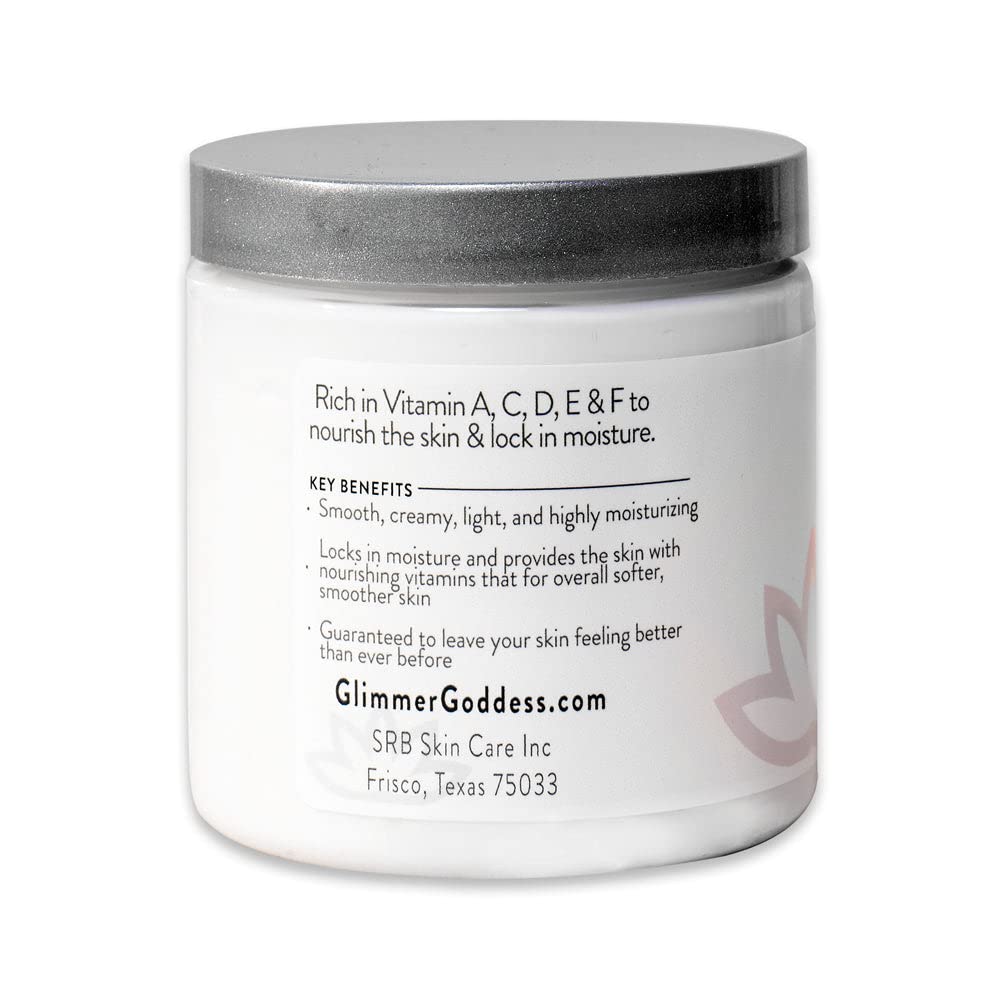 Glimmer Goddess Organic Whipped Body Butter for Women - Moisturizer Cream with Shea & Cocoa Butter, Almonds & Coconut Oil - Peach Belini, 8oz