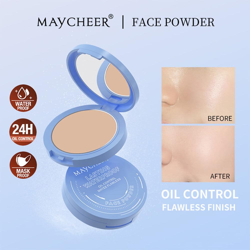 LAMUSELAND Pressed Powder Compact, Oil Control Brighten Skin 3 Color Face Powder, Whitening Highlighting Face Makeup Tools for Women Girls (JG05)