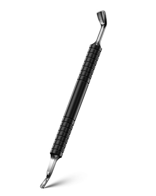 FERYES Upgraded Horseshoe Shape Cuticle Pusher with Fork, 2-in-1 Cuticle Remover Tool, Stainless Steel Cuticle Trimmer Nail Care Tool for Manicures- Black(5.6 Inches）