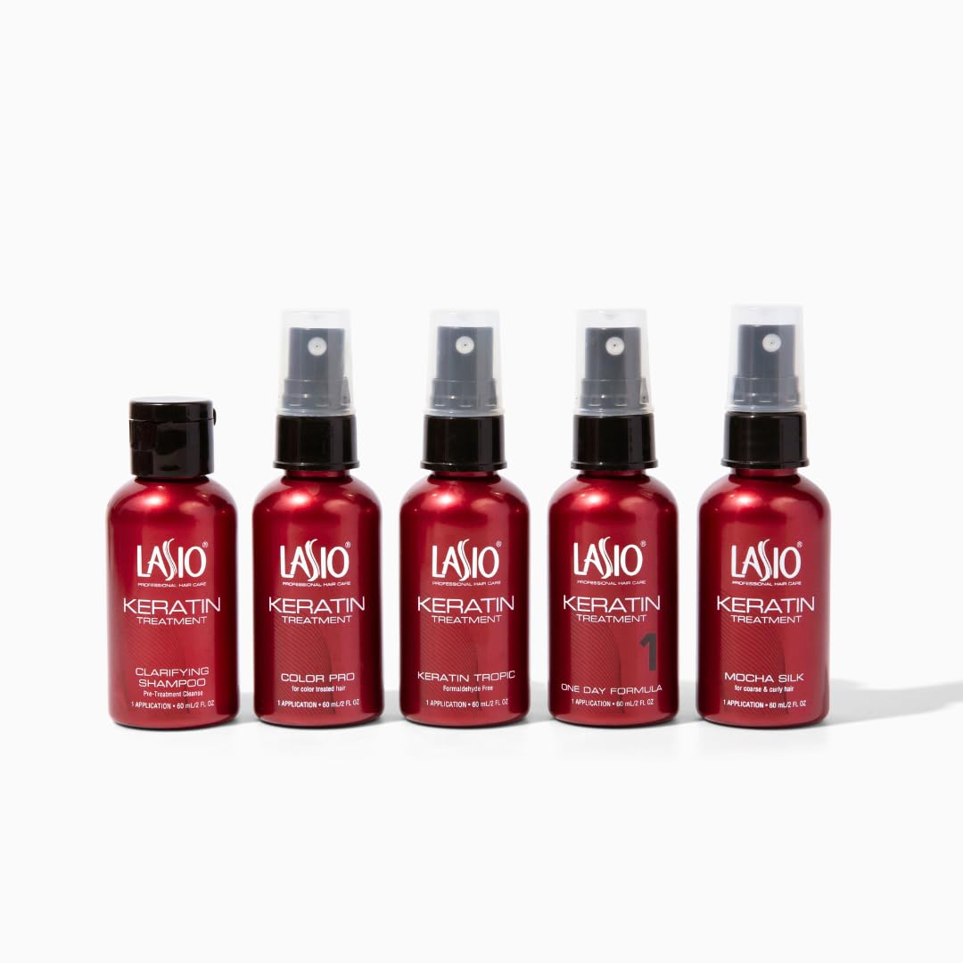 Lasio Pro Keratin Hair Treatment Kit for Salon Use– Includes Keratin Tropic, One Day, Mocha Silk, Color Pro & Hypersilk Clarifying Shampoo (2 Oz Each – Reduces Curls, Eliminates Frizz, Repairs & Shine