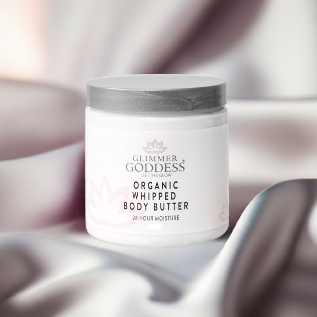 Glimmer Goddess Organic Whipped Body Butter for Women - Moisturizer Cream with Shea & Cocoa Butter, Almonds & Coconut Oil - Vanilla Bean, 8oz