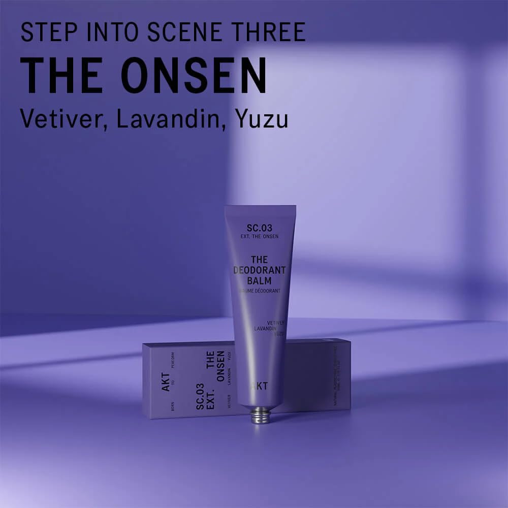 AKT, THE DEODORANT BALM. Award winning, multi-use, natural deodorant. Plastic Free. Gender Free. Aluminium Free. 100% effective — 1 tube lasts up to 3 months.SC.03 THE ONSEN. 50ml/1.76 FL.OZ