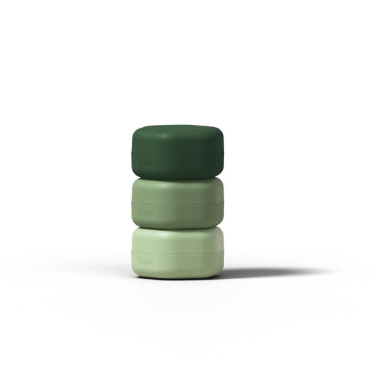Cadence Travel Containers Basic Skincare Set - Magnetic Containers with Lids,Carry On Travel Essentials For Women/Men - 3 Small Capsules (0.56oz) - Cleanser, Moisturizer & Sun-Icon Labels - Evergreen