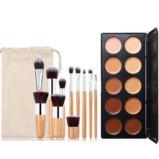 Professional Makeup Cream Contour Palette, Joyeee 10 Colours Concearler Full Coverage & Makeup Brush Set Contour Concearler Palette Contouring Face Make Up Gift for Women Girls