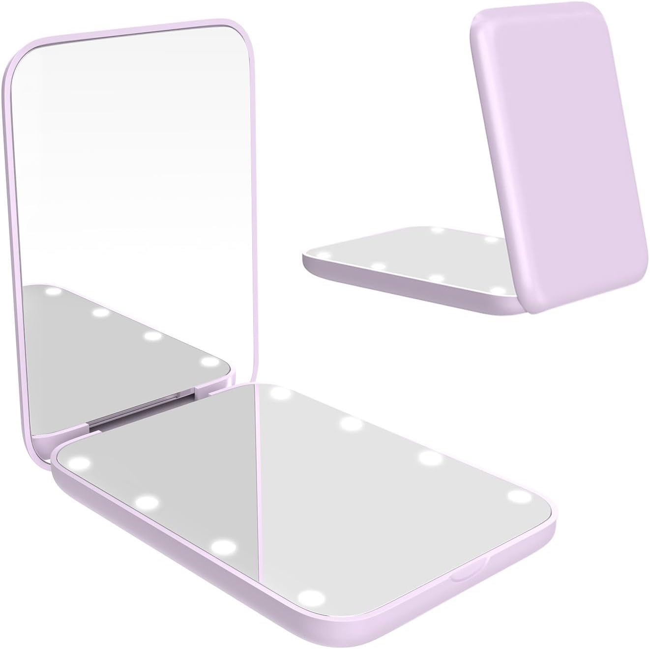 WOBSION Small Mirror with Lights,LED Compact Makeup Mirror,1x/3x Mini Travel Mirror with Magnification,Portable for Purse,Pocket,Gifts for Girls,Purple