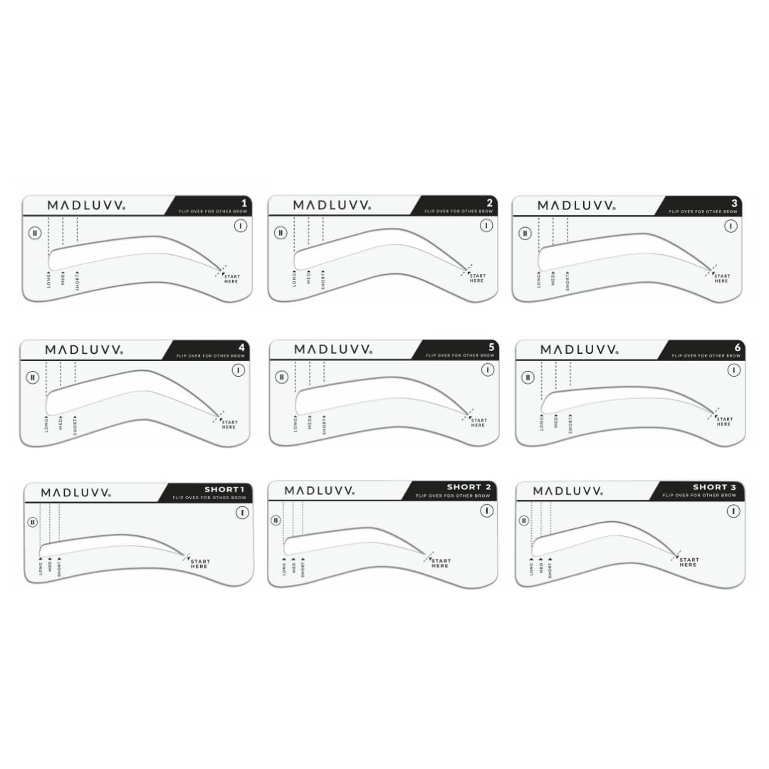 MADLUVV Brow Stamp Kit with Brow Stencils – Easy Eyebrow Shaper for Natural-Looking Brows – Popular Eyebrow Stencil Kit Used by Professionals – 9 Shapes, Spoolie, Travel Bag & Stamp (Dark Brown)