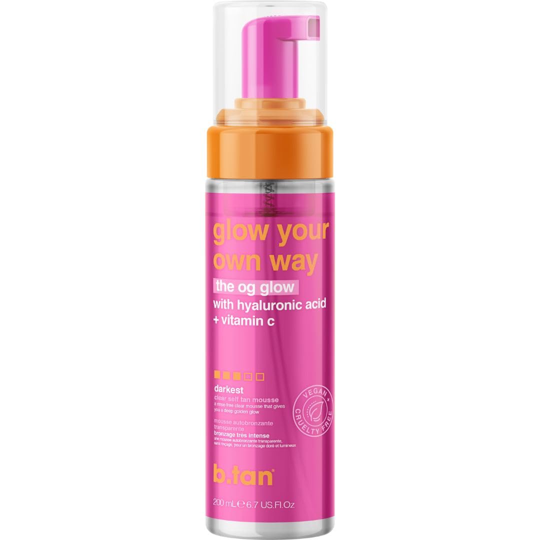 b.tan Clear Self Tanner Foam | Glow Your Own Way - Rinse Free, Best 1 Hour Express Sunless Tanning Water Mousse, Dark, No Transfer, Moisturizing, Face & Body, No Fake Tan Smell, 6.7 Fl oz