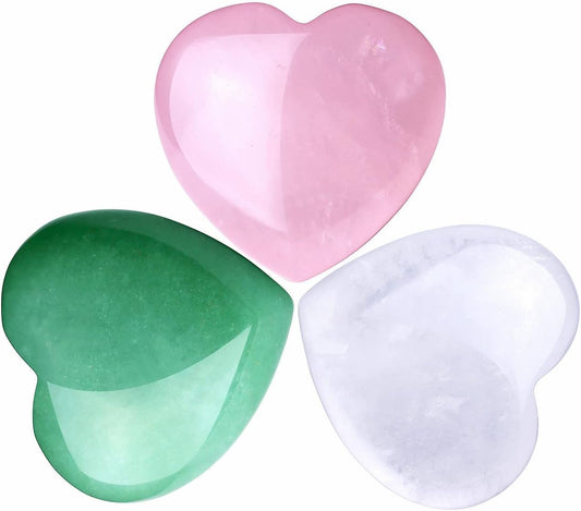 QINJIEJIE 3 PCS 1.2" Large Heart Crystals Rose Quartz Clear Crystal Green Aventurine Healing Natural Love Heart Shape Stones Polished Thumb Gemstones Therapy Reiki Energy Balancing Gifts