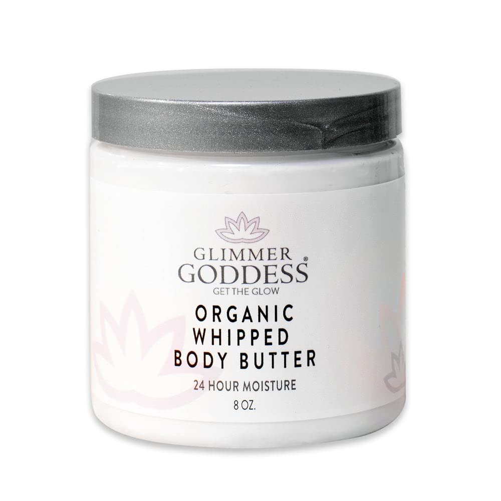 Glimmer Goddess Organic Whipped Body Butter for Women - Moisturizer Cream with Shea & Cocoa Butter, Almonds & Coconut Oil - Peppermint Vanilla, 8oz