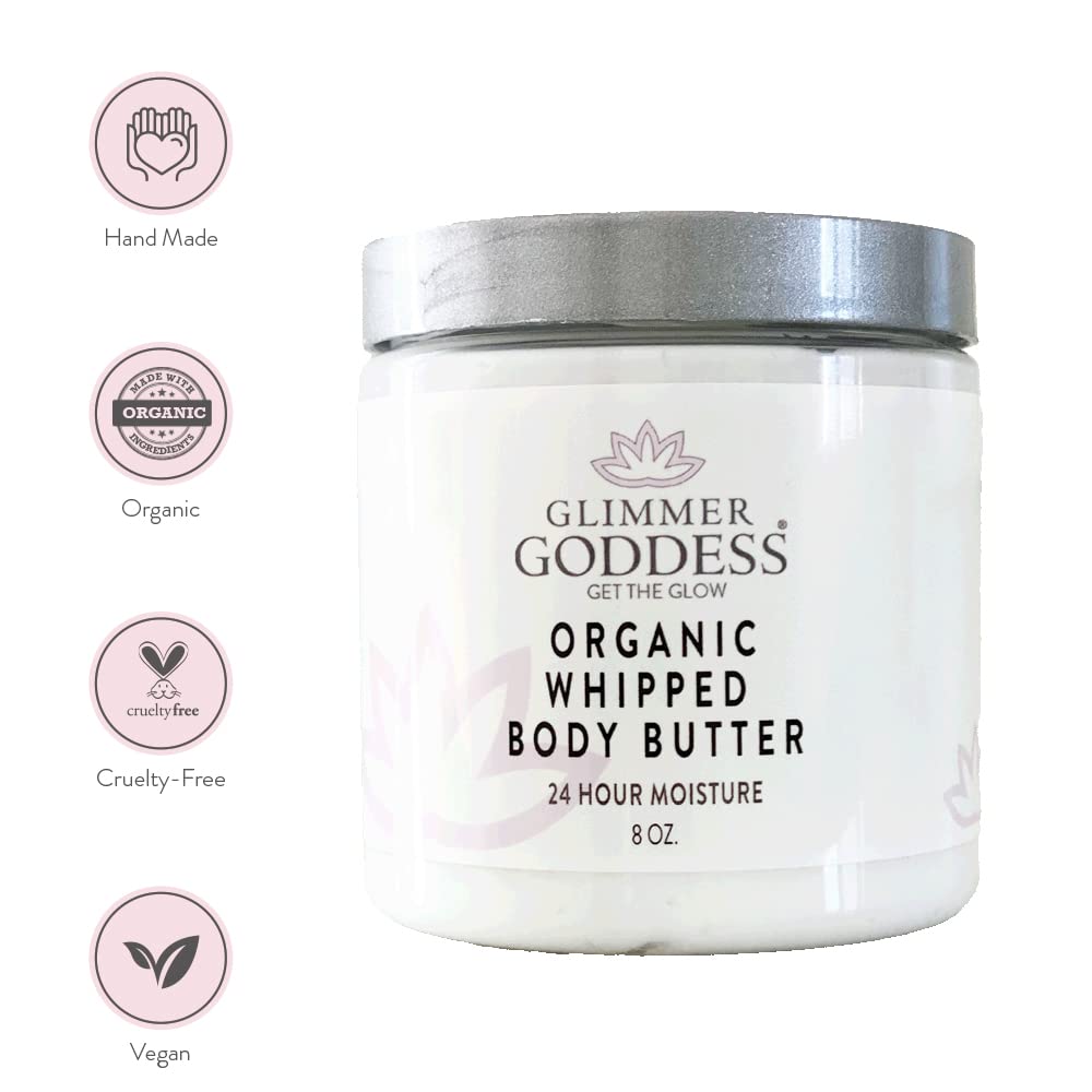 Glimmer Goddess Organic Whipped Body Butter for Women - Moisturizer Cream with Shea & Cocoa Butter, Almonds & Coconut Oil - Honeysuckle, 8oz