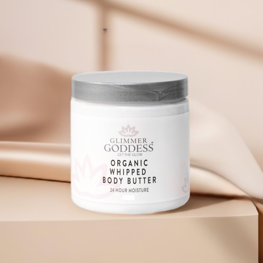 Glimmer Goddess Organic Whipped Body Butter for Women - Moisturizer Cream with Shea & Cocoa Butter, Almonds & Coconut Oil - Christmas Cookie, 8oz