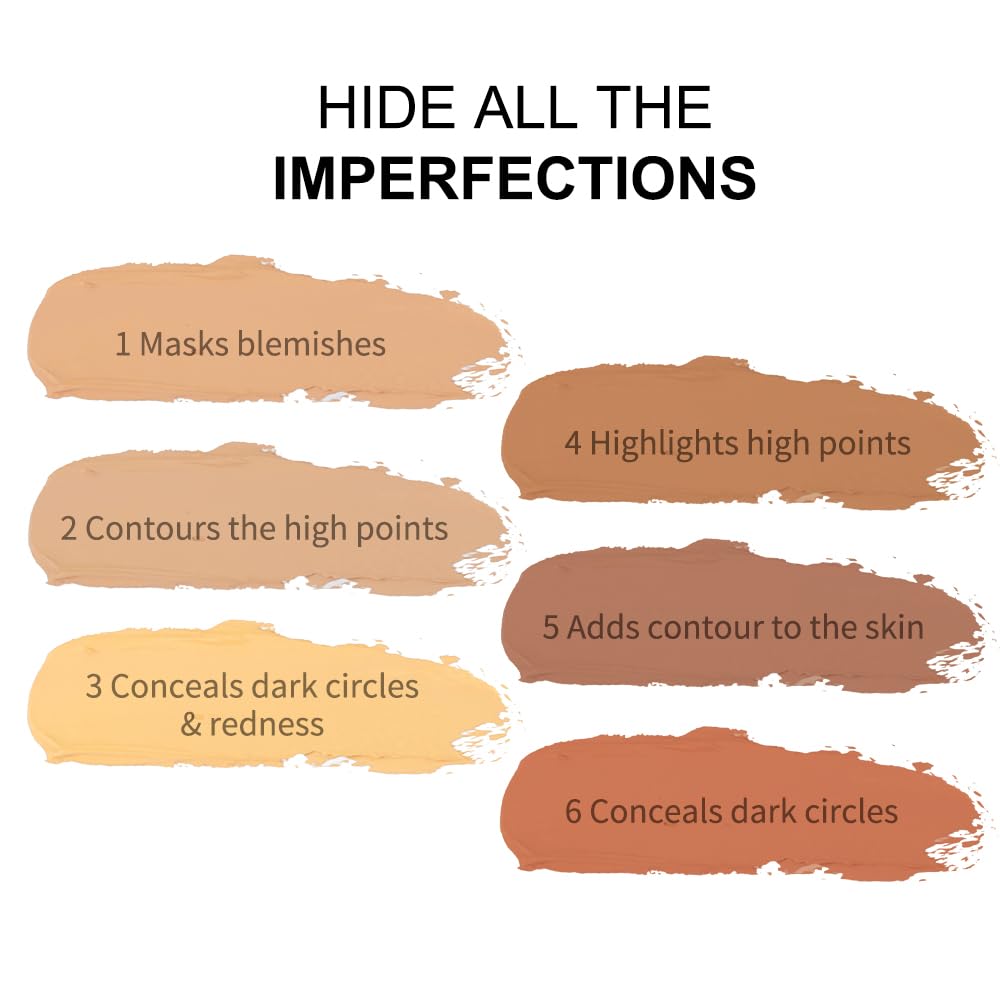Corlo Contour Palette Concealer Correct, 6 Colors Cream Concealer Full Coverage Foundation Palette for Dark Circles Makeup (Dark)
