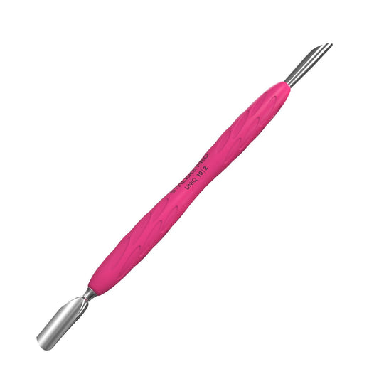 Staleks Manicure pusher Gummy with silicone handle UNIQ 10 TYPE 2 – Stainless Steel – Professional Cuticle Tool (rounded narrow and beveled pusher)