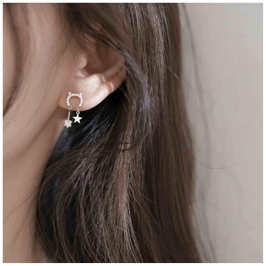 Crystal Cat Studs Earrings Silver Crystal Star Dangle Earrings Boho Rhinestone Drop Earrings Natural Inspired Animal Earrings Jewelry for Women and Girls Cat Lover Gifts
