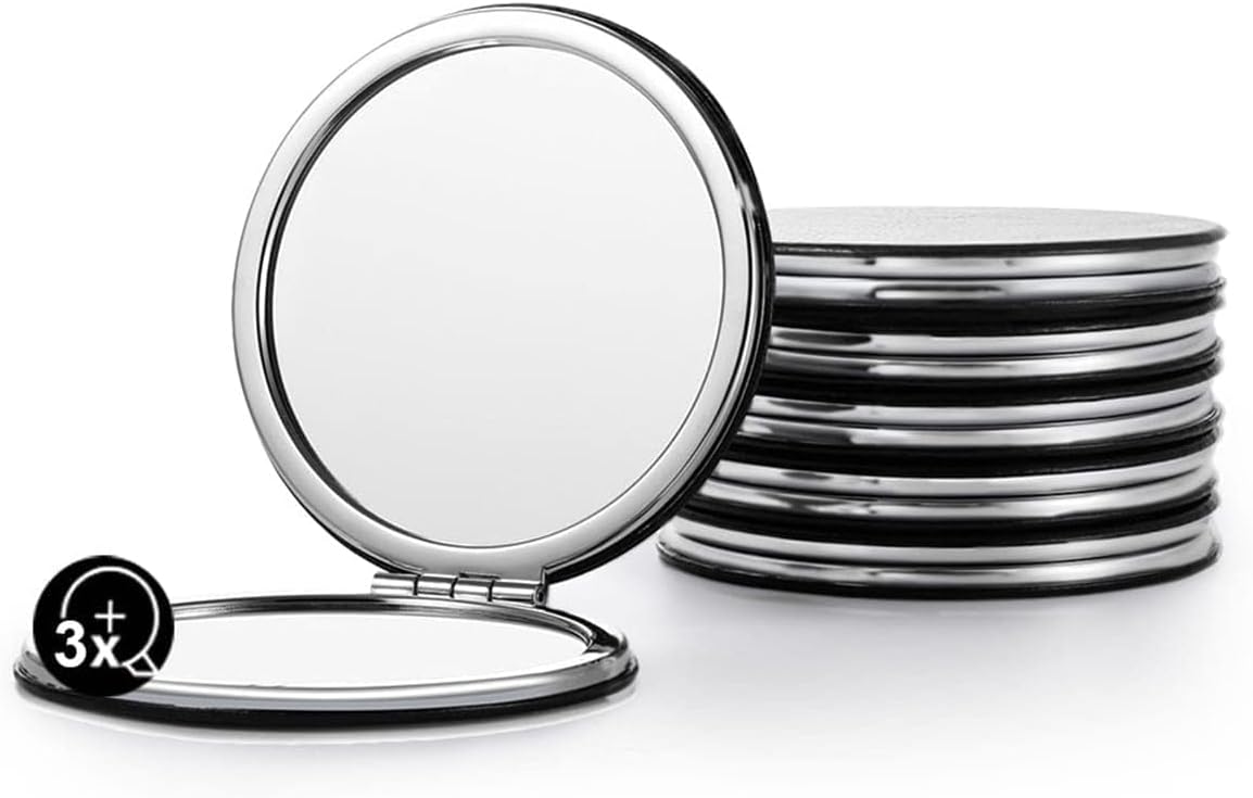 Compact Mirror Bulk, Set of 6 Round Double-Sided 1X/3X Magnification PU Leather 2.8" (Black)
