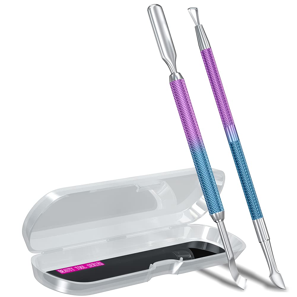 2PCS Metal Cuticle Pusher and Scraper (Blue Purple Mermaid), Nail Trimmer Cutter Stainless Steel Gel Scraper Tool, Nail Polish Remover Peeler Salon Manicure Pedicure Cleaner for Fingernail and Toenail