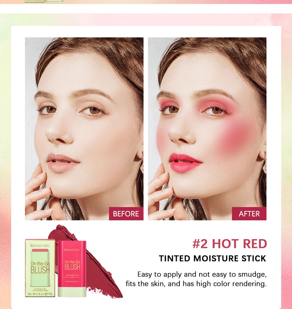 Cream Red Blush Stick,Multi-Use Makeup Milk Blush Stick,Long Lasting Natural Blush Makeup 2-in-1 Cheek and Lip Tint,Waterproof Vegan Tinted Moisturizer Matte Blush Stick for Cheeks and Lip