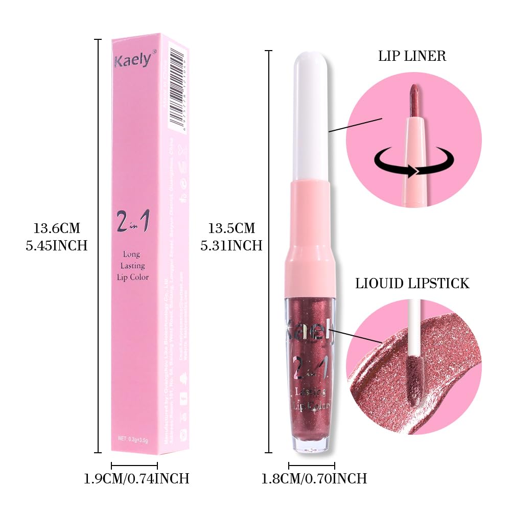 Kaely 2-in-1 Dark Wine Red Metallic Lipstick and Lip Liner, Shimmer Liquid Metallic Lipsticks for Women, Glitter Lip Gloss Stain Long Lasting Waterproof Smudge Proof 24 Hour, Vegan Makeup, 03