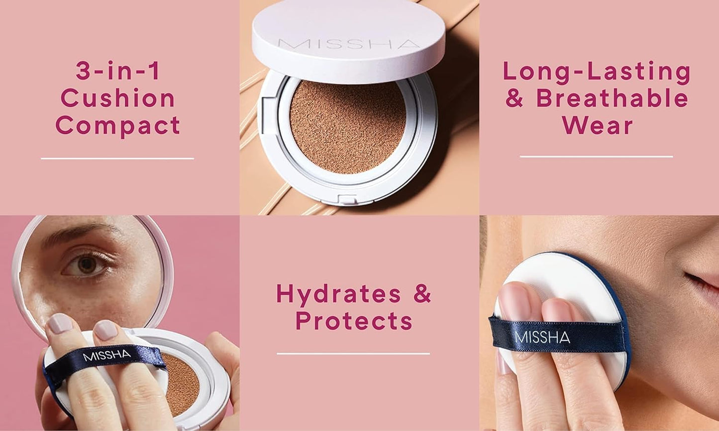 MISSHA Magic Cushion Foundation No.21 (2 Pack) Light Beige for Bright Skin - Flawless Coverage,Dewy Finish,Easy Application for All Skin Types
