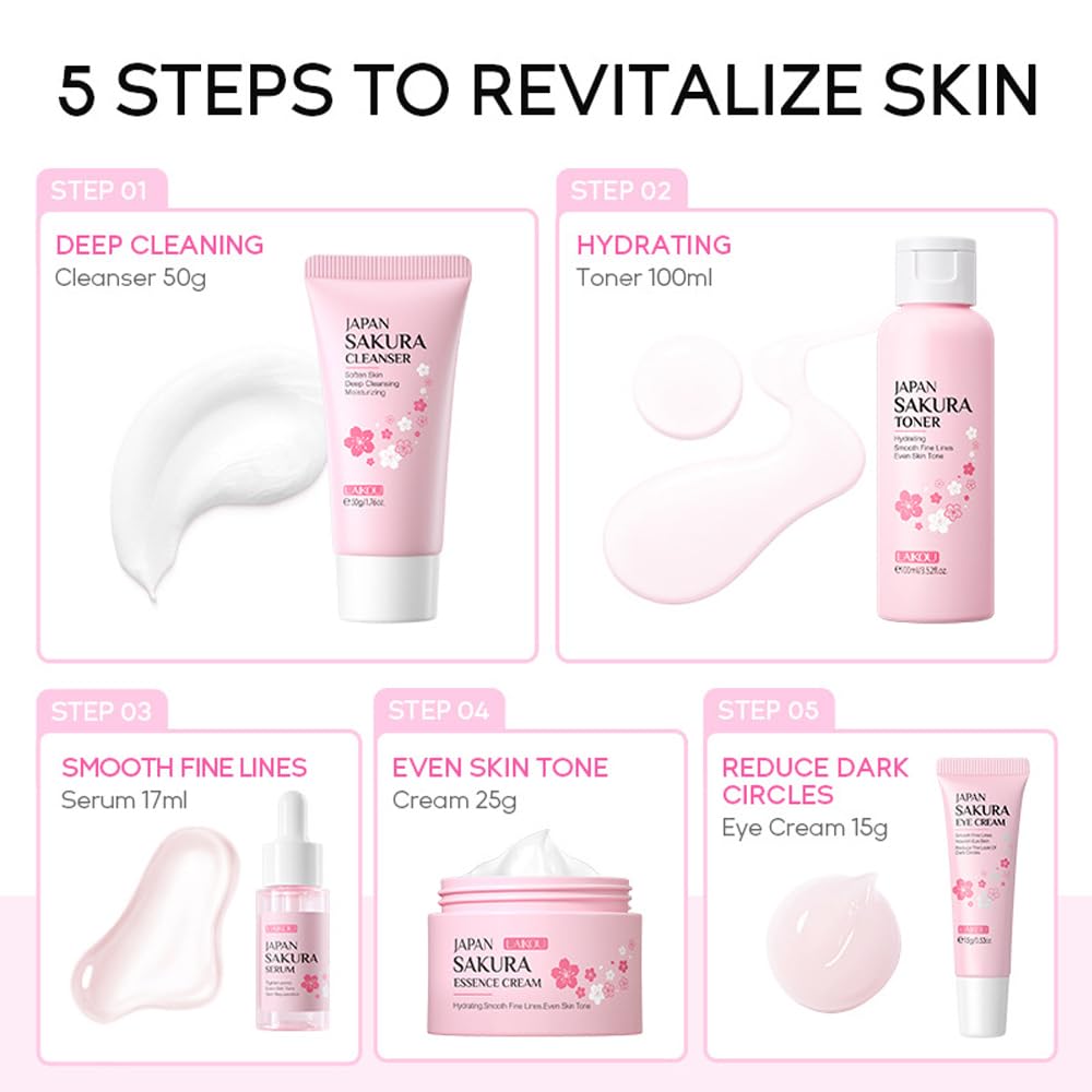 Sakura Skincare Gift Set, Skin Care Travel Kit with Cleanser, Toner, Serum, Eye Cream, Face Cream for Women Girls (5pcs)