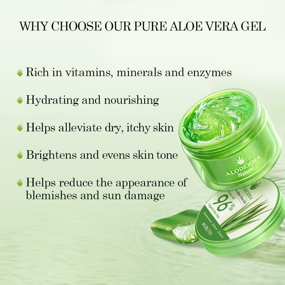Aloderma Organic Aloe Vera Gel for Face Made within 12 Hours of Harvest, 96% Pure Aloe Vera Gel for Skin, Scalp, & Hair, Soothing Aloe Face Moisturizer, Multipurpose, Hydrating Aloe Gel, 7oz, 3-Pack