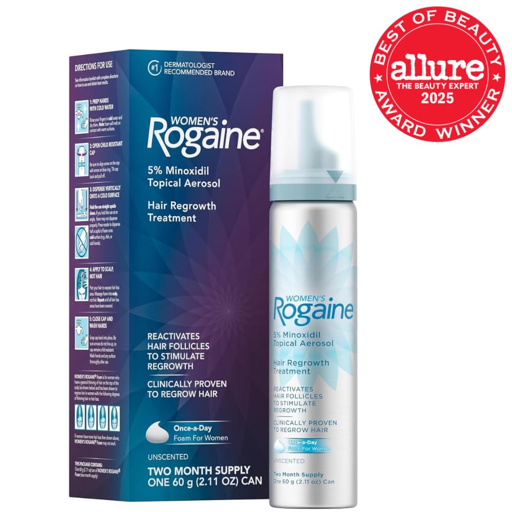 Rogaine 5% Minoxidil Foam, Topical Once-A-Day Hair Loss Treatment for Women to Regrow Fuller, Thicker Hair, Unscented, 2-Month Supply, 2.11 oz
