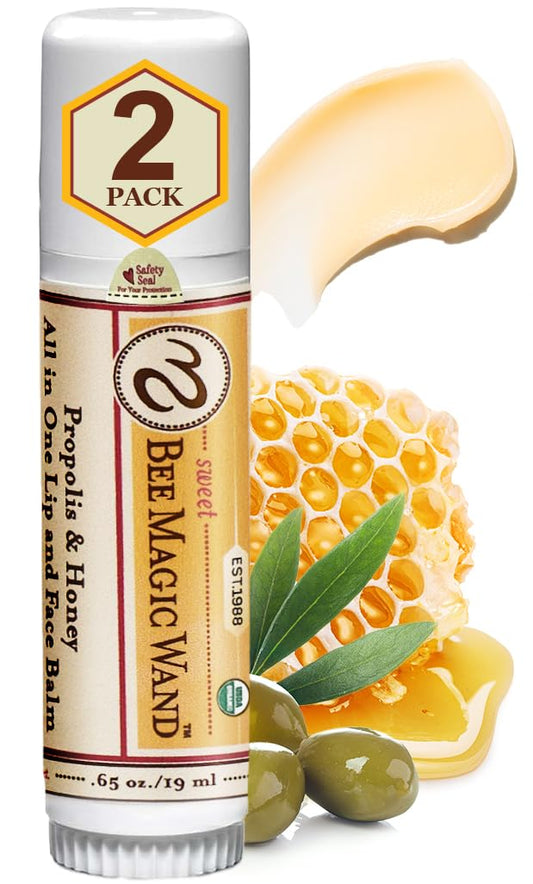 Sweet Bee Naturals Magic Wand - Certified Organic Lip and Face Moisturizing Wand - Natural Chapstick and Balm Wand for Dry Skin and Lips, Non Petroleum Jelly for All Ages and Skin Types, Pack of 2
